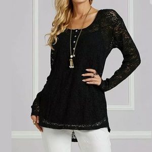 Suzanne Betro Black Lace Button-Front Henley S
